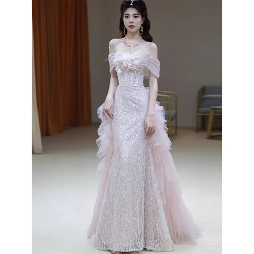 ACJK one-shoulder evening dress pink engagement wedding dress high-end light luxury niche host adult ceremony princess dress pink XS