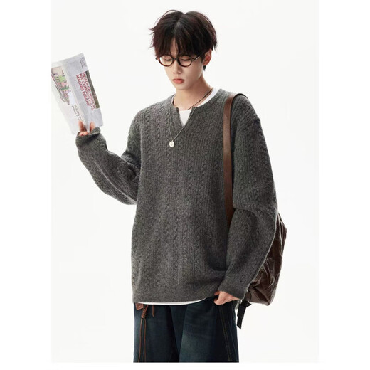 American retro twist design sweater for men and women, lazy Henry collar loose pullover sweater, apricot 3XL 160-180Jin Jin is equal to 0.5 kg