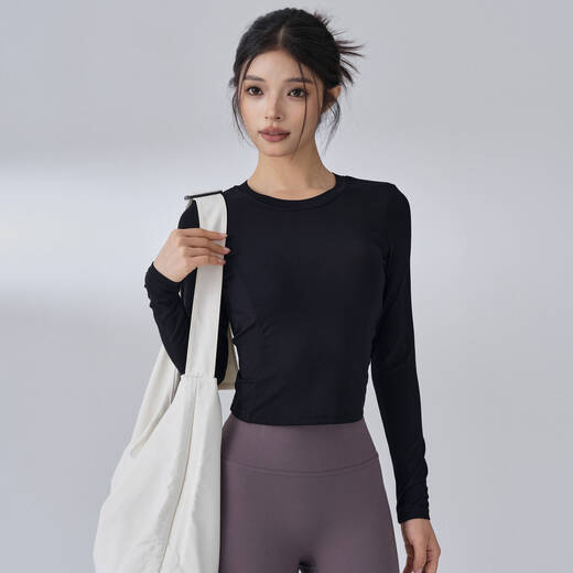 LULULOMDDW fitness girl yoga wear with chest pad, hollow beautiful back sports top, high-end Pilates tight training long sleeves, black L