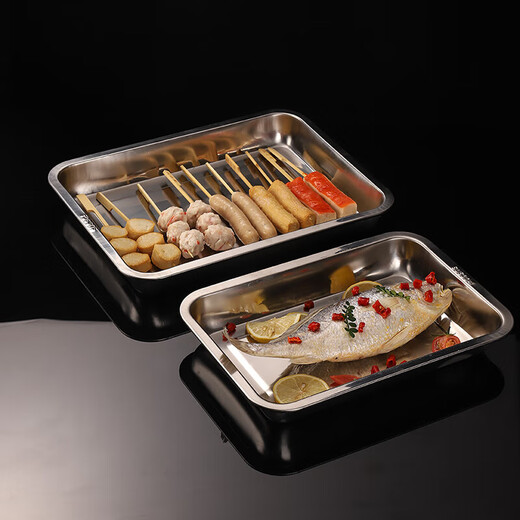 Lunsheng food grade stainless steel tray rectangular commercial square plate barbecue plate grilled fish plate steamed rice plate serving basin pure 304 stainless steel extra thick 27*20*4.8 deep plate