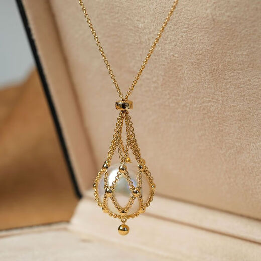 Erli 18K gold inlaid with diamond pearl mesh pocket pendant necklace for women niche design light luxury imitation 18k gold temperament clavicle chain for women mesh pocket gold pearl necklace (ready in stock)
