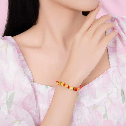 潮宏基 有房有车宝宝黄金手链女本命年转运珠红绳满月金饰婴儿周岁礼物 绳长约14-20cm
