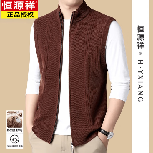 恒源祥（HYX）高档男立领拉链开衫马甲中年针织纯色羊毛背心无袖冬季加厚百搭 棕驼 L 175/96A 135-150斤
