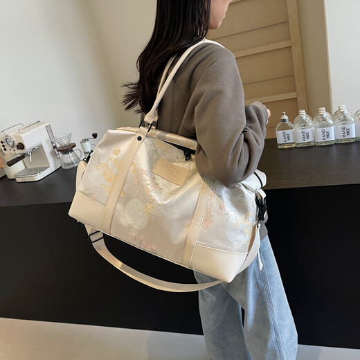 途客旅行包女大容量手提轻便国风行李包短途出差旅游健身待产包收纳袋 米白色