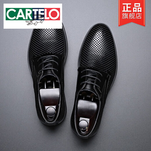 Cartelo Lederschuhe Herren Sommer Hollow atmungsabstimmung mit großer Größe Herrenschuhe echte Ledergeschäft formelle Trage Sandalen Männer Innere Höhenschuhe schwarz 9929 Hohlstil Standard Lederschuhe Größe 37