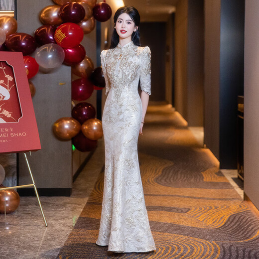 HKPK Wedding Clothes for Women Formal Occasions Sister Cheongsam New Chinese Style Toast Wear Bridal 2024 New Premium Champagne Color Long Five-Fifth Sleeve L One Size