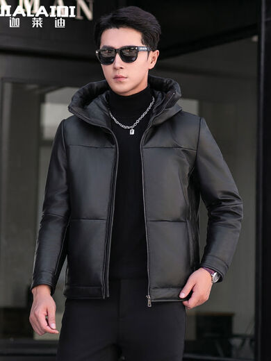 Jialedi winter Haining genuine leather jacket men's down jacket short sheepskin hooded jacket plus velvet thickened duck down jacket black M 17048