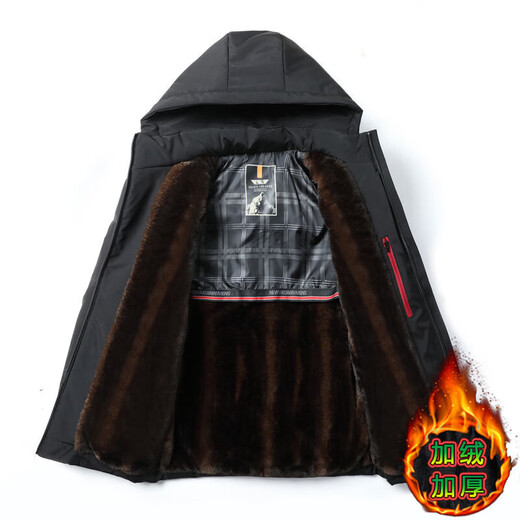 Cotton-padded jacket for men 2024 new winter velvet thickened cotton-padded jacket for middle-aged and elderly dads with hooded parka coat black 2XL/185 recommended 130-150Jin Jin is equal to 0.5 kg
