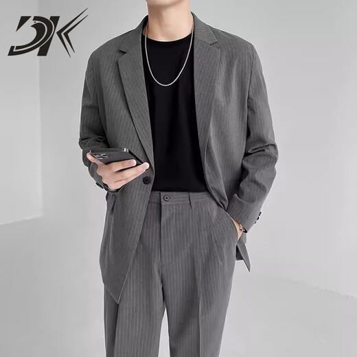 DK brand suit suit men's loose small suit jacket high-end autumn light mature style casual Korean style versatile set light gray stripes (top + pants) S
