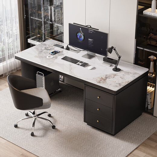 Verdenden modern Nordic style computer desk bedroom student study table new home slate desk study office writing desk black feet + black cabinet + Chanel glossy 160*60*75 single table with table top plug + threading hole + host position