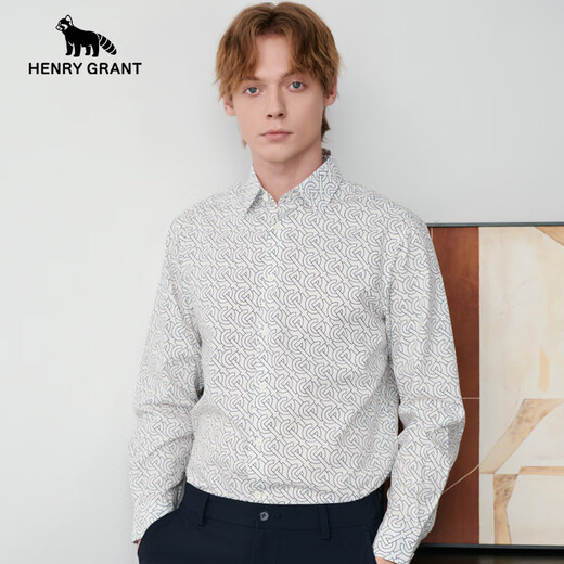 HENRY GRANT Henry Grant Red Panda Autumn and Summer Fashion British Casual Printed Long-Sleeved Shirt Presbyopic Logo White Shirt Men White 46 (170/88A)