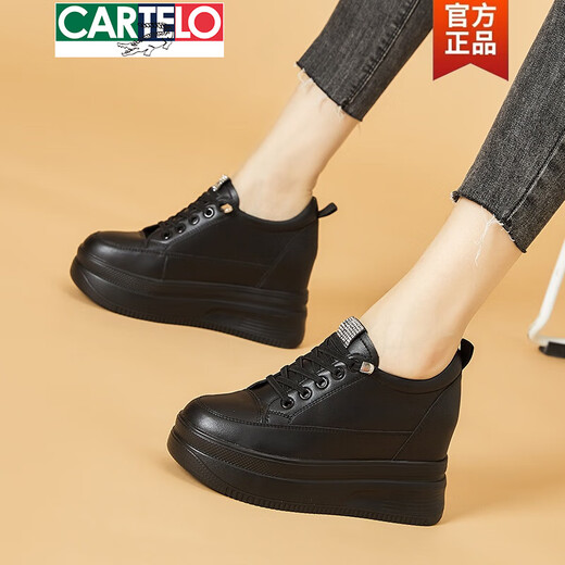 Cartelo schwarz innere Höhenverbesserung Frauenschuhe 2025 Neue kleine Schwammkuchenschuhe echtes Leder Leicht dicker Sohle vielseitig kleine schwarze Schuhe All Black 9 cm [677] 34