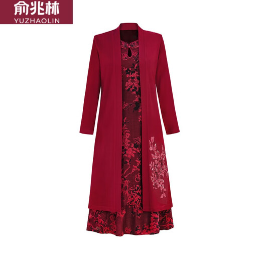 俞兆林喜婆婆春秋中老年婚宴两件套连衣裙2024新款妈妈装礼服平时可穿女 9227红色(假两件套)  6XL (180-200斤)