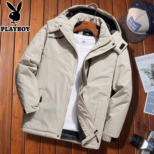 Playboy (PLAYBOY) Winter Windproof Jacket Men's Hooded Cotton Jacket Cotton Jacket Plus Velvet Thickened Warm Winter Men's Jacket Black