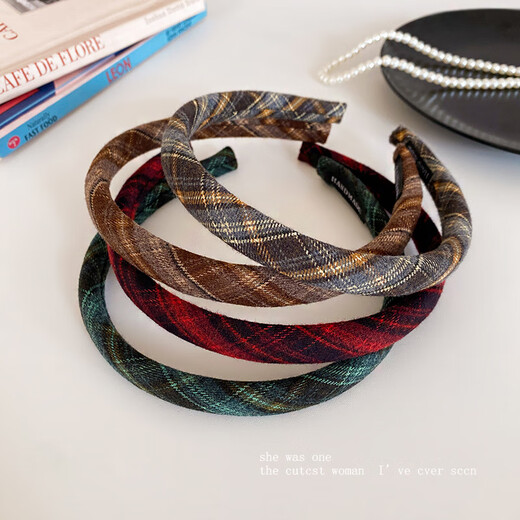 Youfang autumn and winter Maillard high-end woolen plaid thin hair hoop women's new face wash headband temperament and versatile hair hoop for going out coffee color plaid hair hoop 1 pack