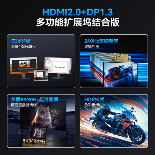 阿卡西斯（ACASIS）Type-C扩展坞HDMI拓展坞DP拓展坞hub分线器显示器8K雷电4千兆网络2K240Hz三屏异显快充DS-9904 浅灰色