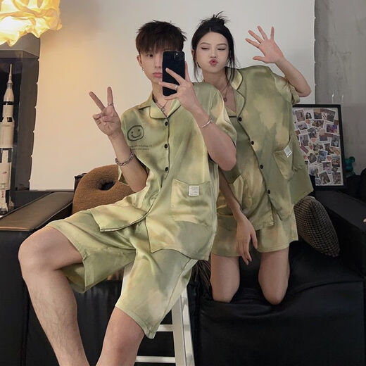 Clolv kissCK summer light luxury couple pajamas ice silk one male and one female student dormitory home clothes suit short-sleeved shorts CX418# gray letters high quality female M + male L 2 sets in total