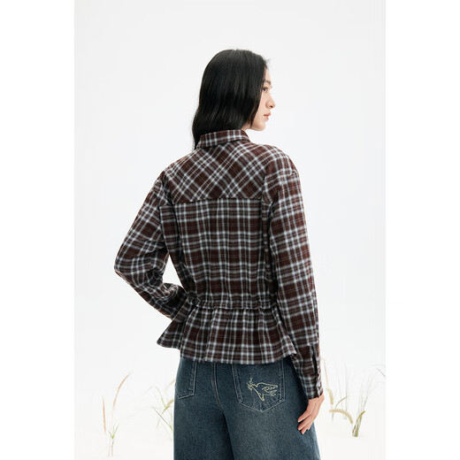 Birds and New Wine Design Drawstring Plaid Long Sleeve Shirt Women's 2025 Winter New Lapel Loose Top Plaid Tan HMJ04 L