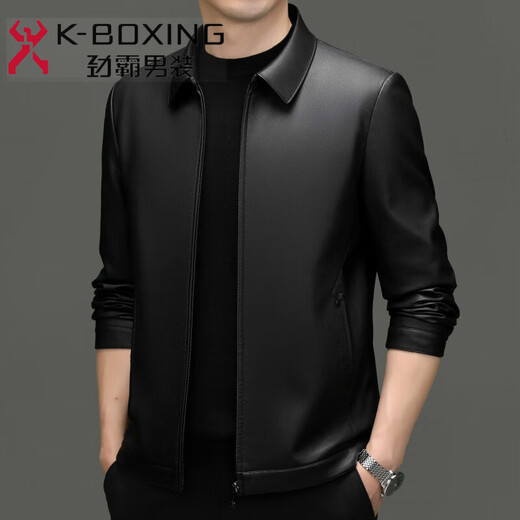 JINBA new autumn and winter middle-aged lapel genuine leather jacket for men slim sheepskin daddy casual leather jacket 8116 black single leather one size 190/56