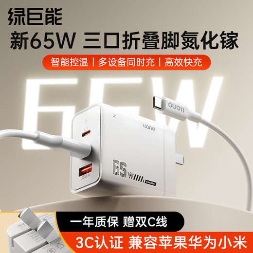 Green Giant Energy (llano) 65 W Galliumnitrid-Ladegerät, Notebook-Computer-Set, PD-Schnellladung, geeignet für Apple 17, MacBook Pro, Huawei, Xiaomi, Lenovo, iPad Pro, Multi-Port-Netzteil, 65 W, Set, neues Faltmodell – mit 1,8 Metern weißer Linie