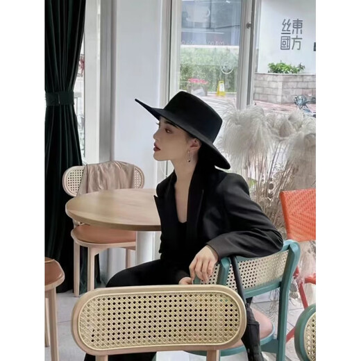 Pearl Diary设计师法式复古仿羊毛呢大檐礼帽女秋冬造型赫本风平顶 黑色10厘米帽檐礼帽 帽围(55-58)可调节