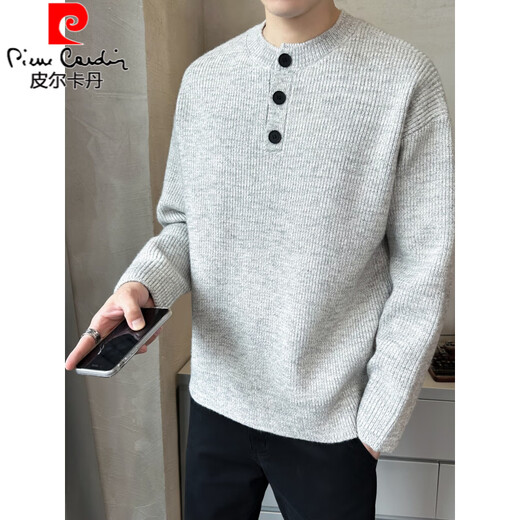 Pierre Cardin 2025 autumn and winter new high-end loose pullover sweater men's Henry collar sweater gray sweater base layer black M