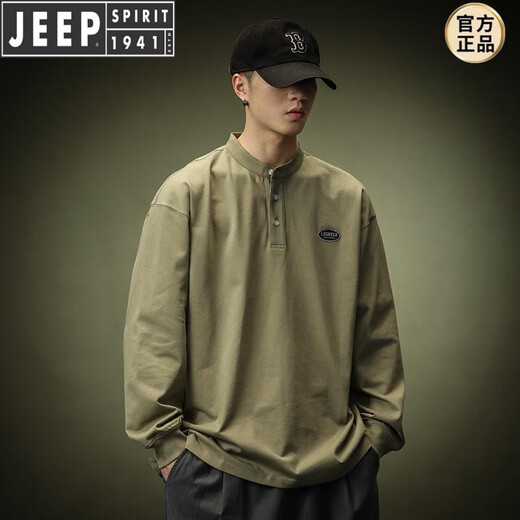 JEEP SPIRIT extra large size 300Jin Jin is equal to 0.5kg Henry collar long-sleeved T-shirt men's spring and autumn American loose layered polo. shirt sweatshirt ins trendy brand black XL recommended 120-150Jin Jin is equal to 0.5kg