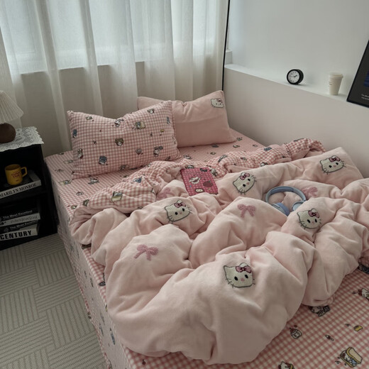Mercury series girly heart pink Kt cat towel embroidered thickened milk velvet four-piece set autumn and winter warm coral velvet 1.5m three-piece set Sweet Kitten - light pink cute towel embroidered milk velvet 0.9m bed sheet style three-piece set/quilt cover 150*200cm