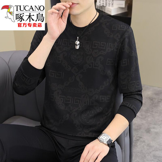啄木鸟（TUCANO）2025春秋新款男士欧货长袖T恤加肥加大码卫衣男装个性打底衫上衣 薄款 【春秋】6628卡其 2XL 150-165斤