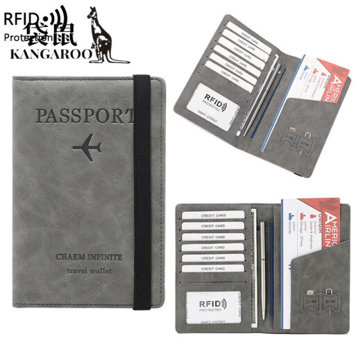 Kangaroo (KANGAROO) Passport Bag 2024 New Travel Document Set Card Bag Multi-Function Document Bag Anti-Degaussing RFID Passport Clip Gray