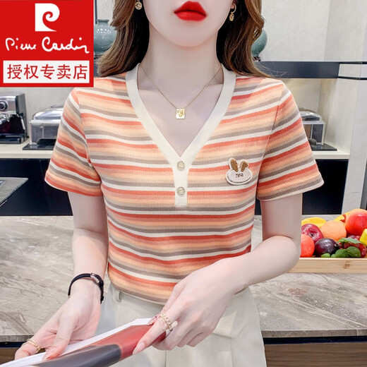 Pierre Cardin Color Striped V-Ausschnitt T-Shirt für Frauen kurzärmelig 2024 Sommer neues schlankes Hemd modische und vielseitige altersreduzierende obere orangefarbene Farbstreifen [6628%23] M 90-100jin [Jin gleich 0,5 kg]