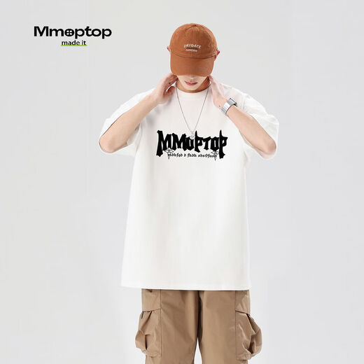 MMOPTOP Personalisierter Buchstaben Druck Kurzarm T-Shirt Herren Sommer reines Baumwoll lose halbe Ärmel Trendy Top M0028 Weiß L.