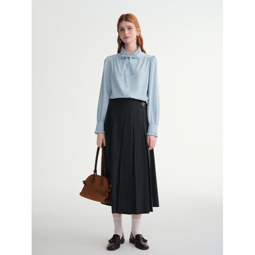 DUSHU large size women's puff sleeve shirt 2025 autumn and winter new fungus lace collar top temperament lace-up shirt water mist blue (shirt) one size 1