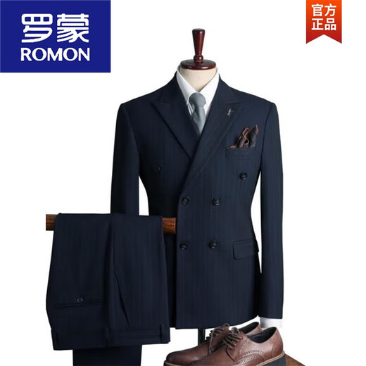 ROMON three-piece striped men's suit wedding suit double-breasted wedding slim trendy groom's dress double-breasted black top + pants 2XL 54135-145Jin Jin equals 0.5 kg