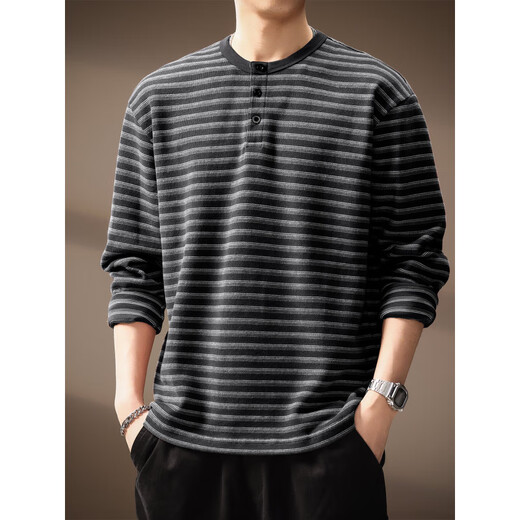 Henhut luxury high-end brand high-end striped long-sleeved T-shirt men's autumn new loose sea soul shirt Henry collar sweatshirt men black M suitable for 110-130Jin Jin equals 0.5 kg