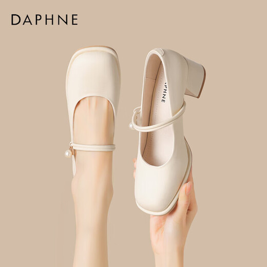 达芙妮单鞋女气质方头高跟玛丽珍鞋一字带女鞋子4024101109 米色 36