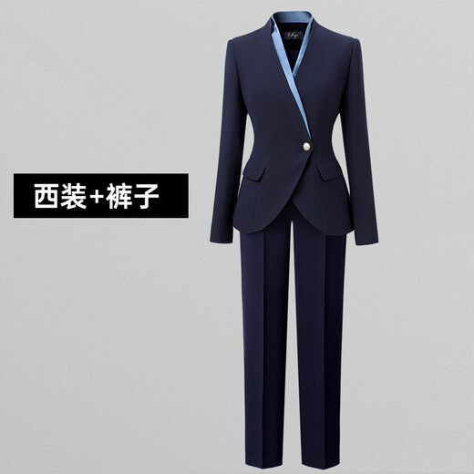 Weishipin autumn professional small suit suit for women new temperament high-end suit jewelry hotel sales work clothing summer navy blue suit + pants XL