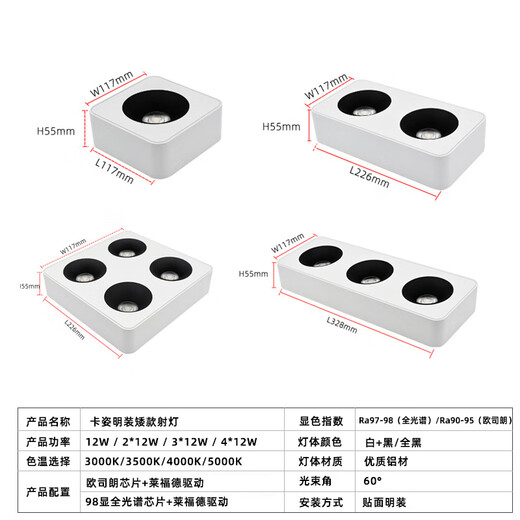 仁聚益定制明装超薄斗胆灯家用客厅四头射灯防眩主灯方形双头豆胆灯 双头白黑212W9898显低3000K暖光莱福德电