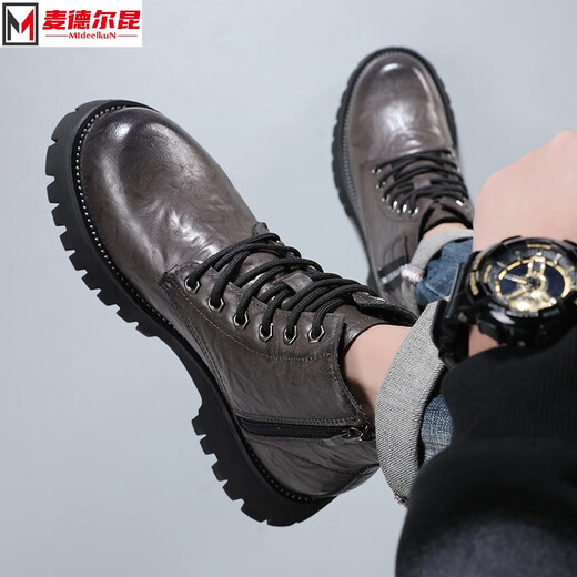 Mideelkun Martin Stiefel neue Männer mit mittlerer Mode-Top-High-Top-Lederschuhe Herrenschuhe Herbst und Winter Kurzstiefel Arbeiten Kleidung Schwarze Lederstiefel 3519 Grau 41