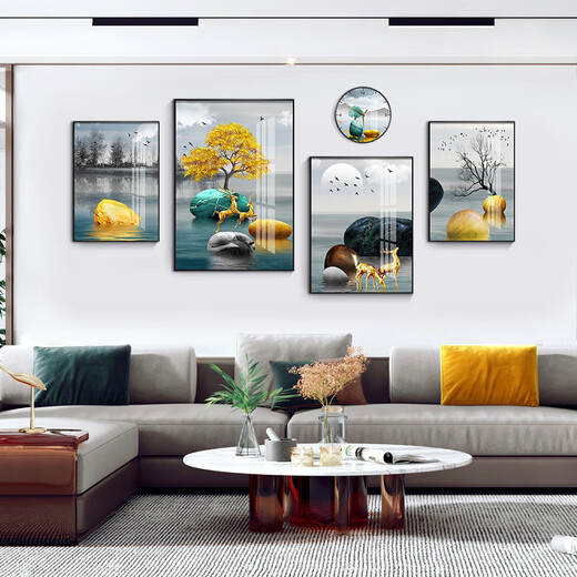 摩琥客厅装饰画沙发背景墙新款壁画现代简约电视背景大气抽象四联挂画 福禄相随15941(含挂钟) 钢化晶瓷大组合-坚固耐用 黑框
