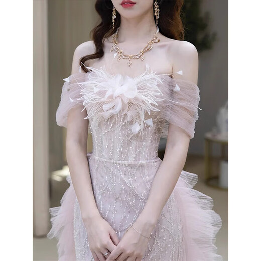 ACJK one-shoulder evening dress pink engagement wedding dress high-end light luxury niche host adult ceremony princess dress pink XS