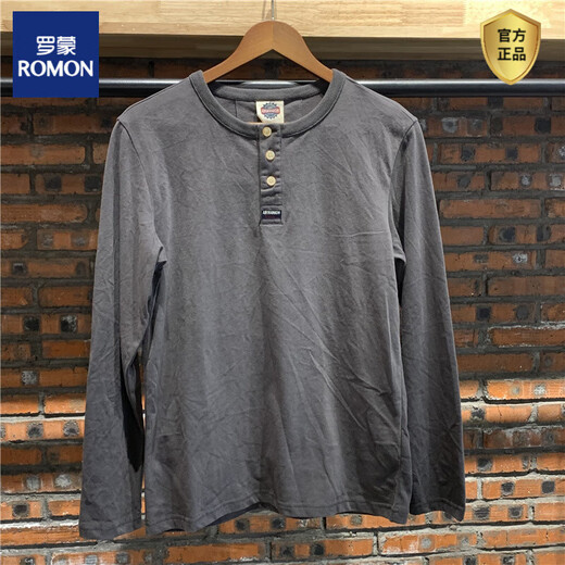 ROMON cotton three-button Henry collar long-sleeved T-shirt men's spring and autumn loose bottoming shirt American Ami khaki casual top Iron Gray M 100-120Jin Jin is equal to about 0.5 kg