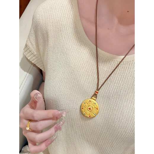 Centenary-old Minxiang gold-plated silver enamel pendant sweater chain ancient method inheritance new Chinese style hollow eight-treasure compass enamel color compass comes with brown rope high-end gift box