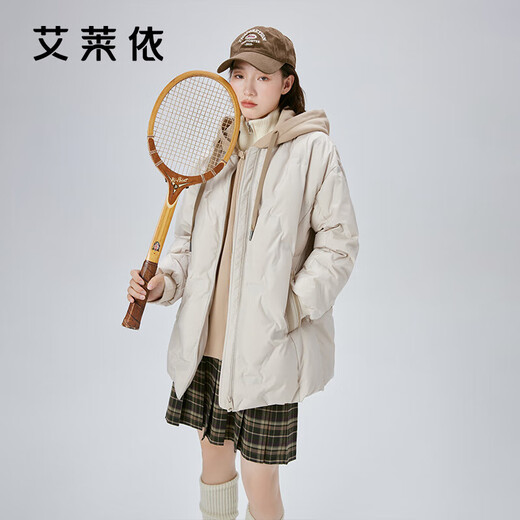 Ai Lai Down Jacket Women's Fake Two-Piece Short Hooded Loose Fashionable Warm Baseball Jacket Carbon Black 165