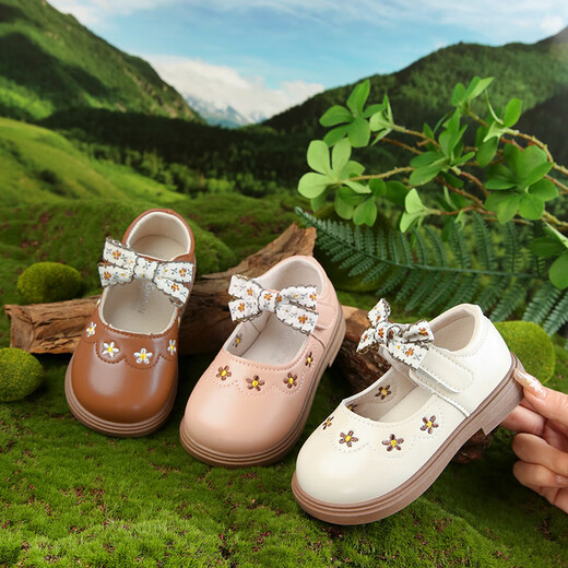 Yezhi Girls' Leather Shoes for Spring and Autumn Seasons New Fashion Soft Soled Princess Shoes Bow Embroidered Children's Shoes Girls Off-White 23 Inner Length 14.5cm