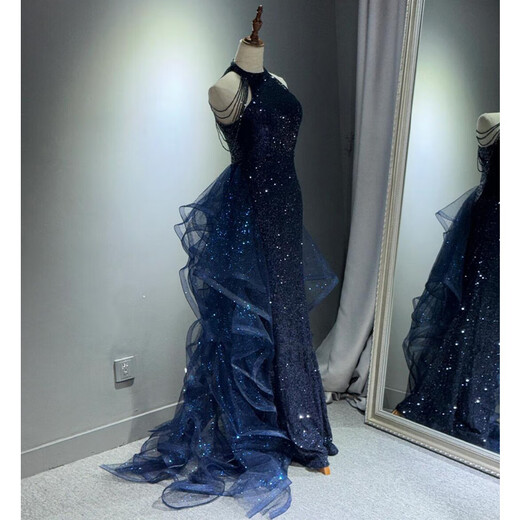 Abendkleid Blau Frauen Neue leichte Luxus Nische High-End Piano Vokalmusik Violin Art Exam Host Jahrestreffen Kleid m
