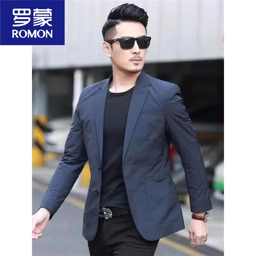 ROMON Men's Simple Suit Jacket 2024 Spring and Autumn Men's Casual Small Suit Solid Color Slim Fit Versatile Single Suit Blue M