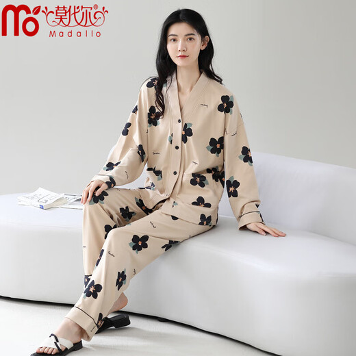 Modal 100% pure cotton pajamas for women for autumn kimono long sleeves trousers sweet and high-end feel loose girls' home clothes can be worn outside soft and comfortable: 72F3524 M Recommended weight 75-95 Jin [Jin equals 0.5 kg]