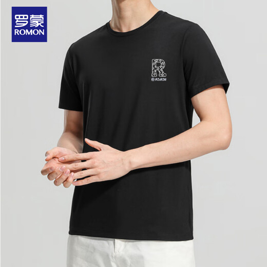 
ROMON ice silk short-sleeved T-shirt for men summer casual and fashionable elastic breathable base shirt for men 698 black 2XL