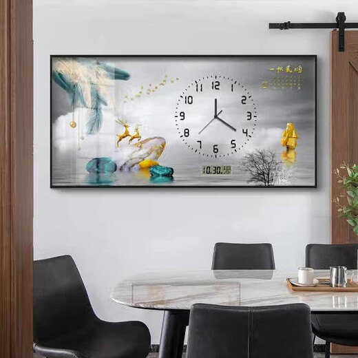 奥瀚万年历大尺寸电表箱装饰画带钟表挂钟现代轻奢遮挡配电箱时钟挂画 JD12127万年历+钟表 120*60(遮挡110*50)掀盖/支撑杆金框